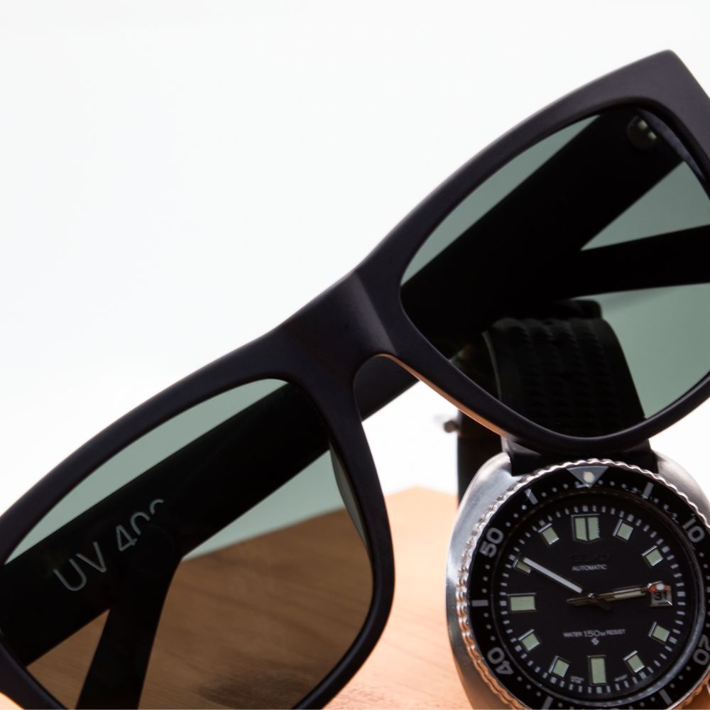 Square Acetate Sunglasses on table with Seiko Watch