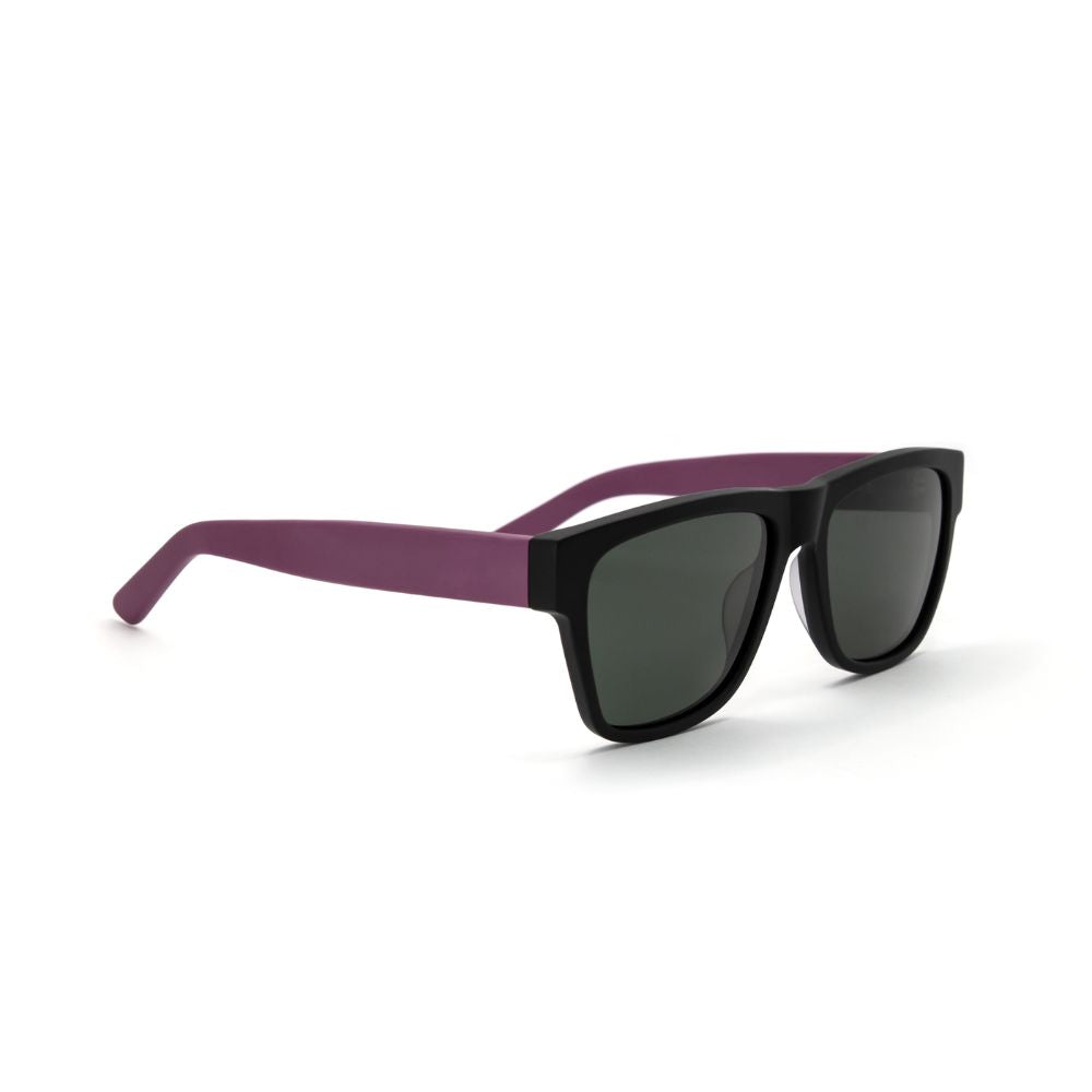 Square fuchsia acetate sunglasses with black face and green lens