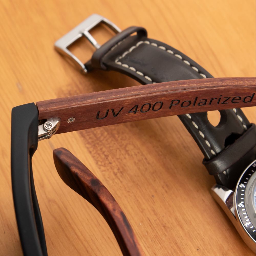 Wood Square Acetate Sunglasses with Green lenses, Watch Shot