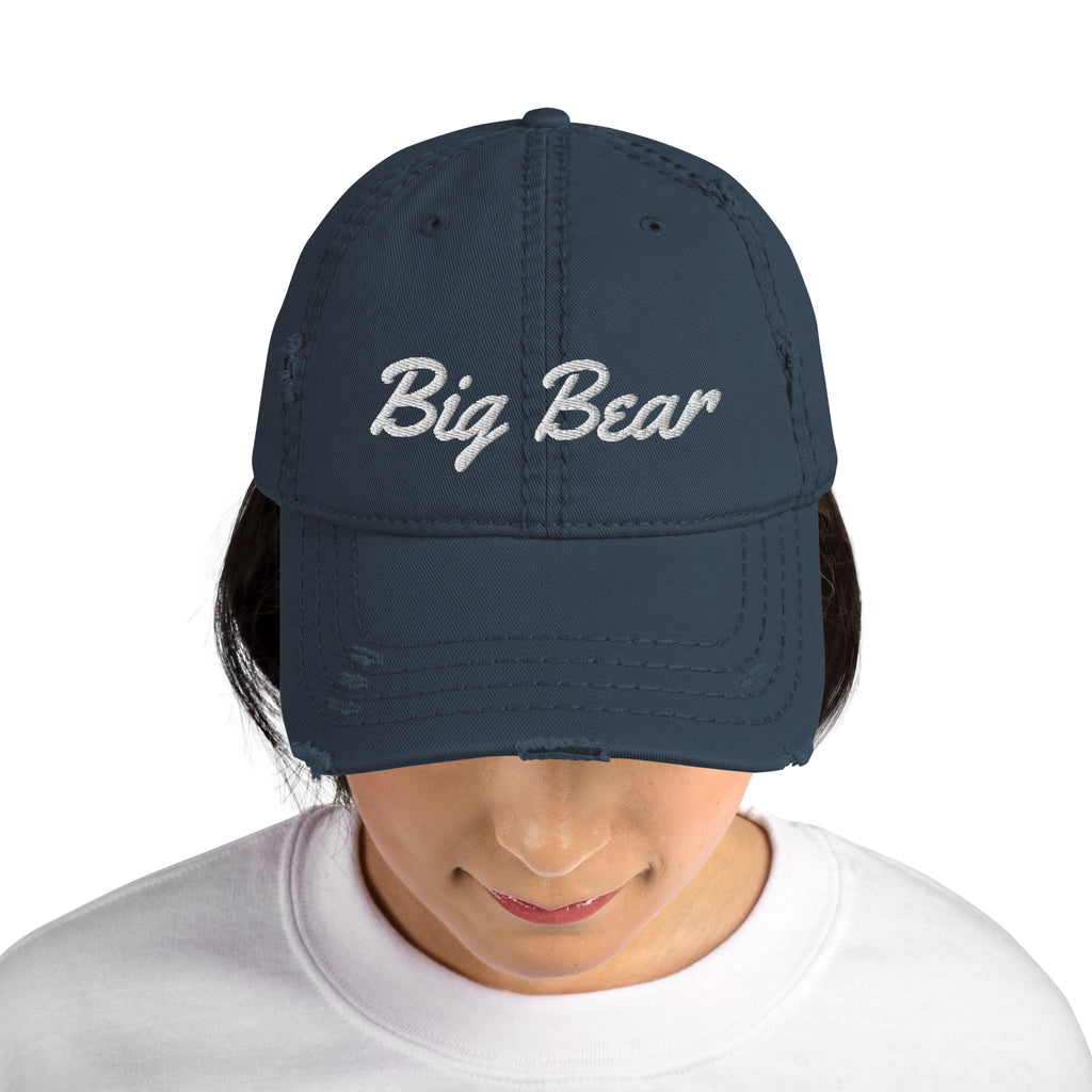 big bear blue distressed dad hat on female model