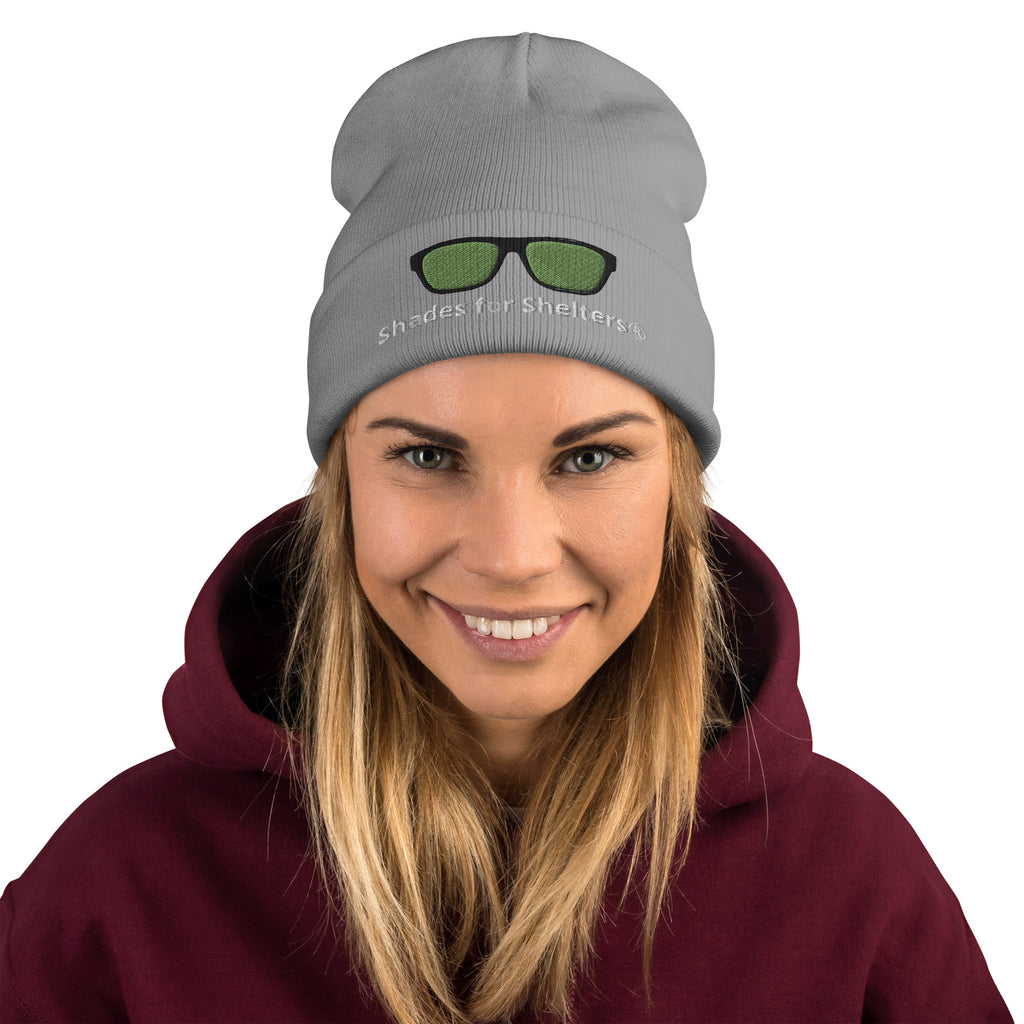 shades for shelters light gray knit beanie male model female model
