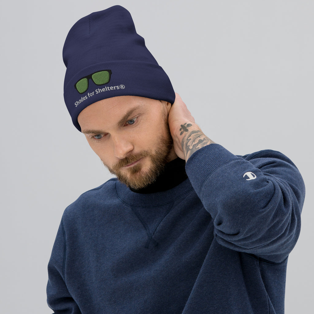 shades for shelters navy knit beanie male model