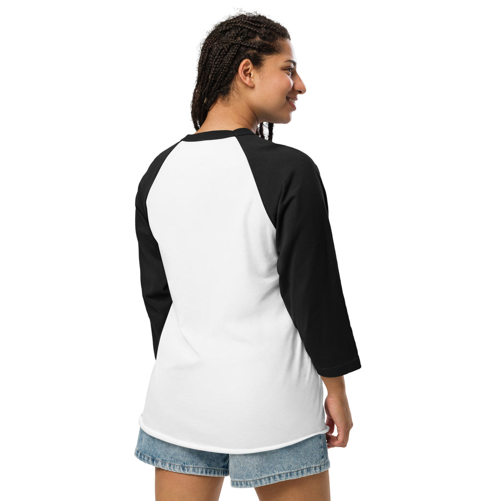 unisex 3/4 sleve raglan shirt shades for shelters female model back 
