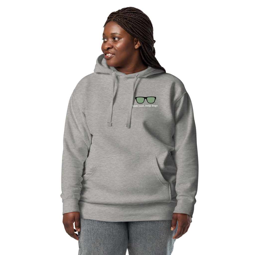 Unisex look cool, help dogs hooded sweatshirt in light gray female model - front
