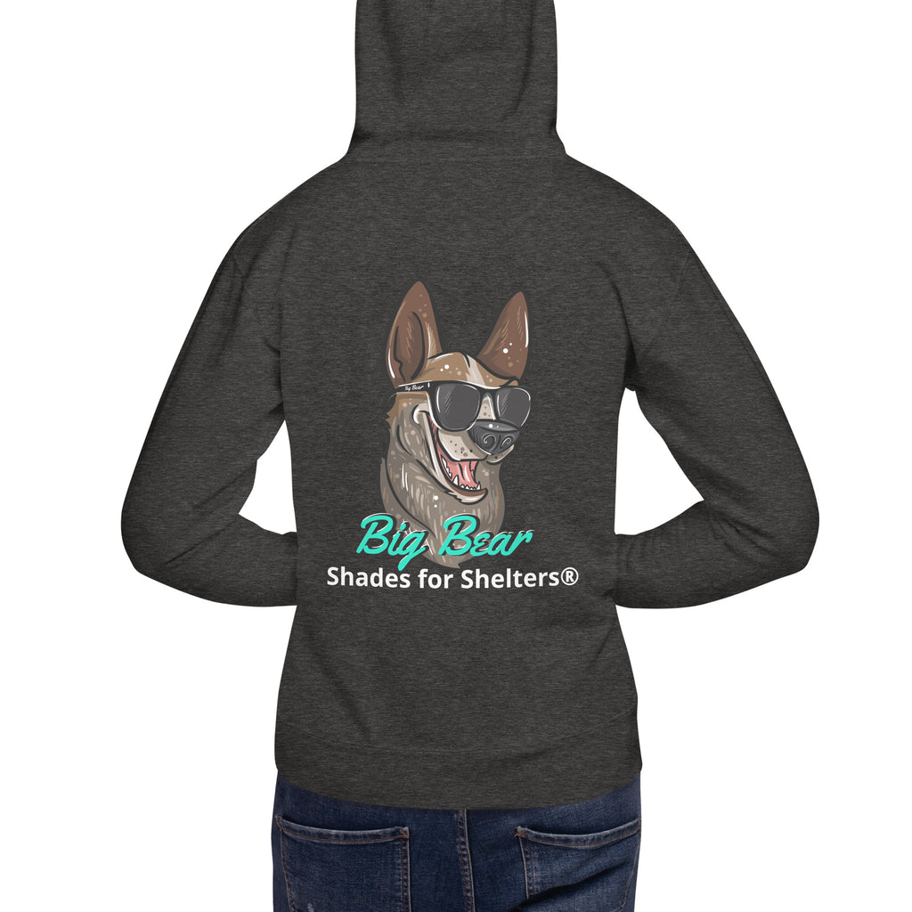 Unisex look cool, help dogs hooded sweatshirt in charcoal model back view