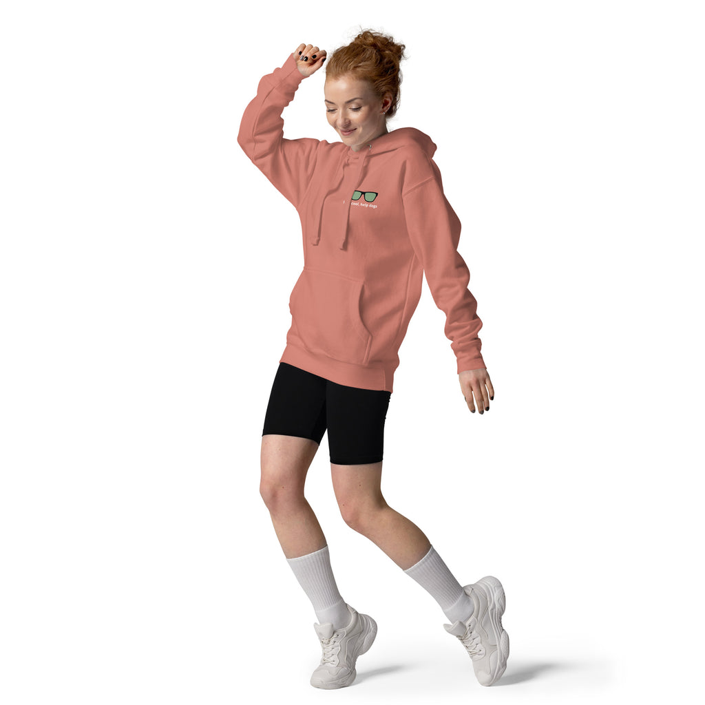 Unisex premium look cool help dogs hooded sweatshirt in dusty rose on female model