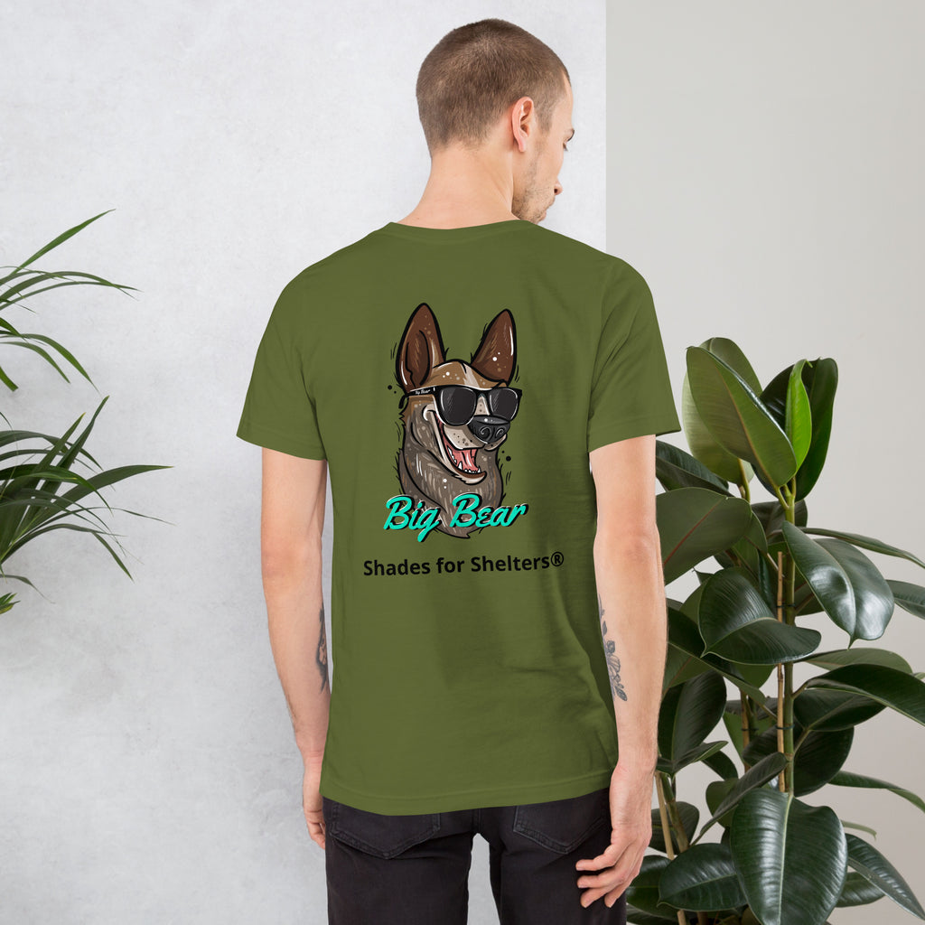 Look Cool, Help Dogs Unisex Tshirt olive green back male model