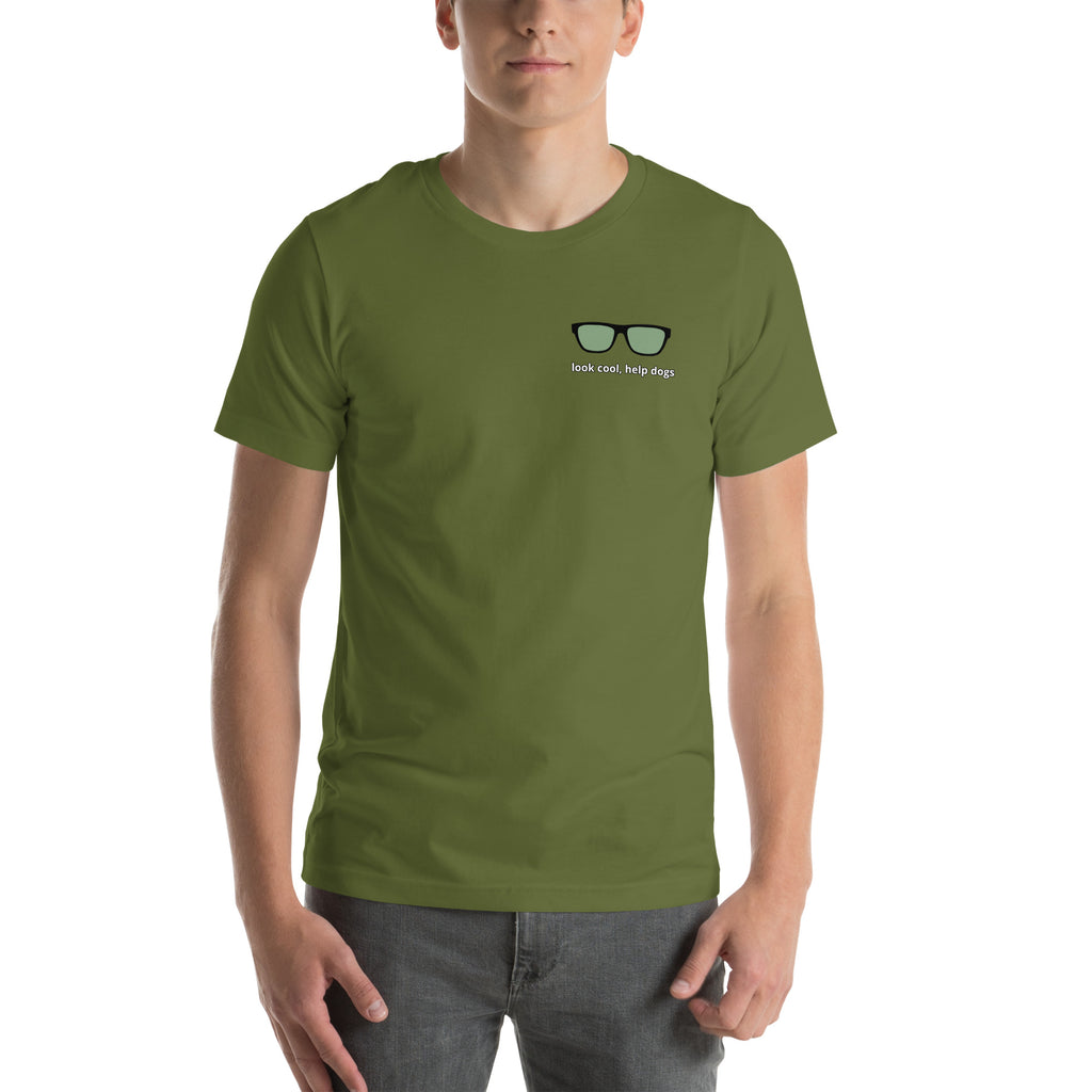 Look Cool, Help Dogs Unisex Tshirt olive green front male model