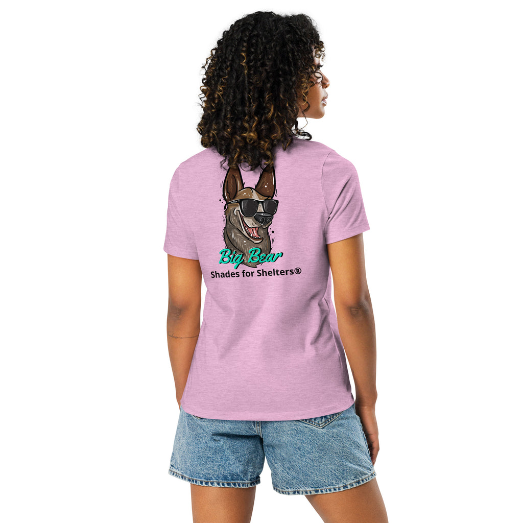 Look Cool, Help Dogs Women's Relaxed T-Shirt citron prism lilac back  female model